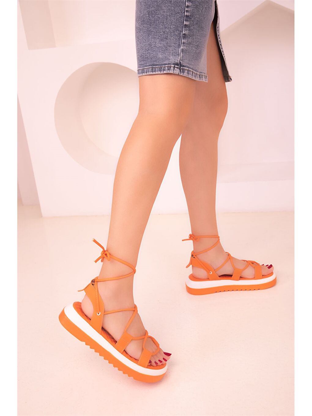 Turuncu Deri Görünümlü Önü Açık Kadın Sandalet-3