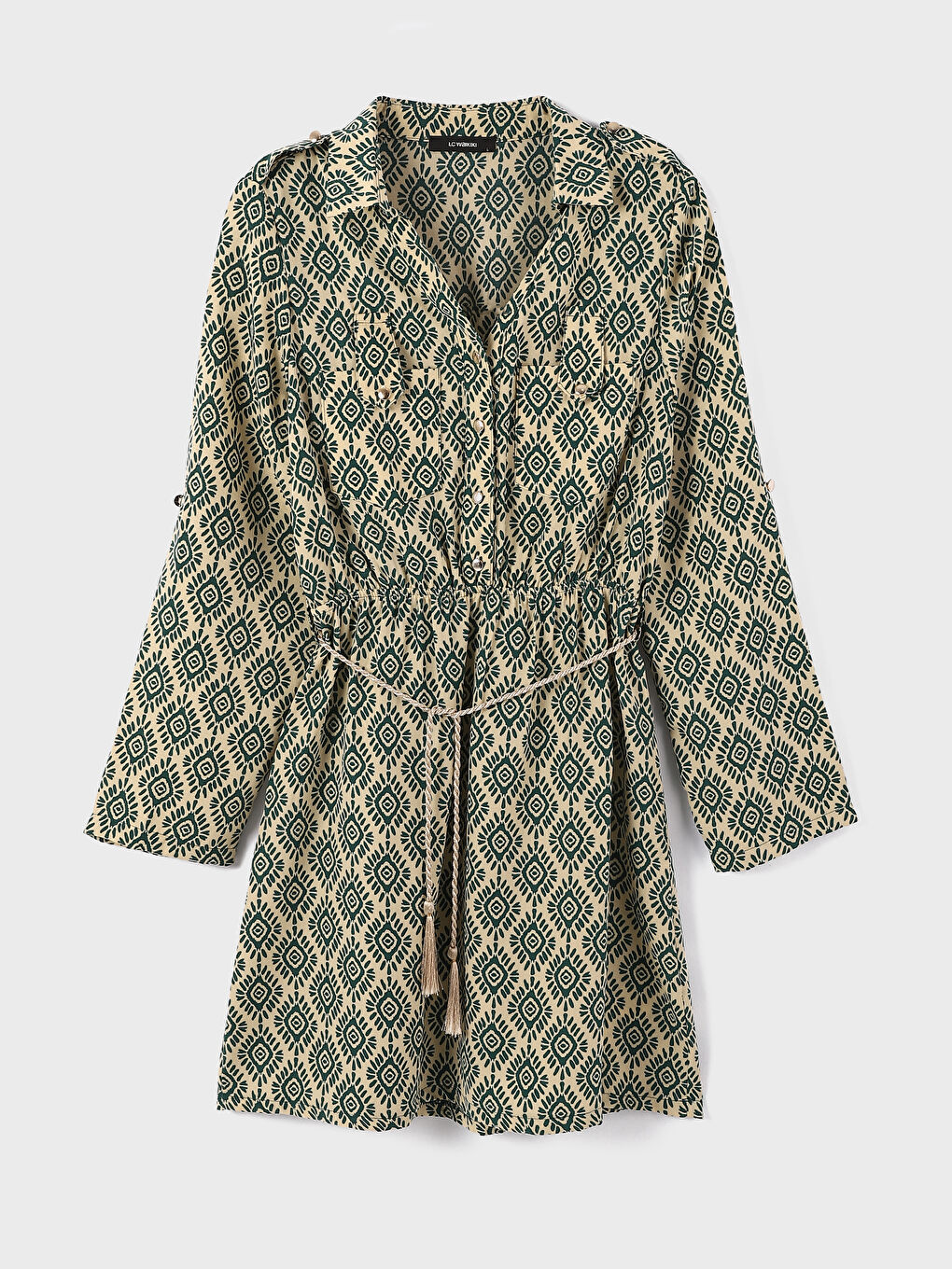 فستان قميص كم طويل منقوش للسيدات