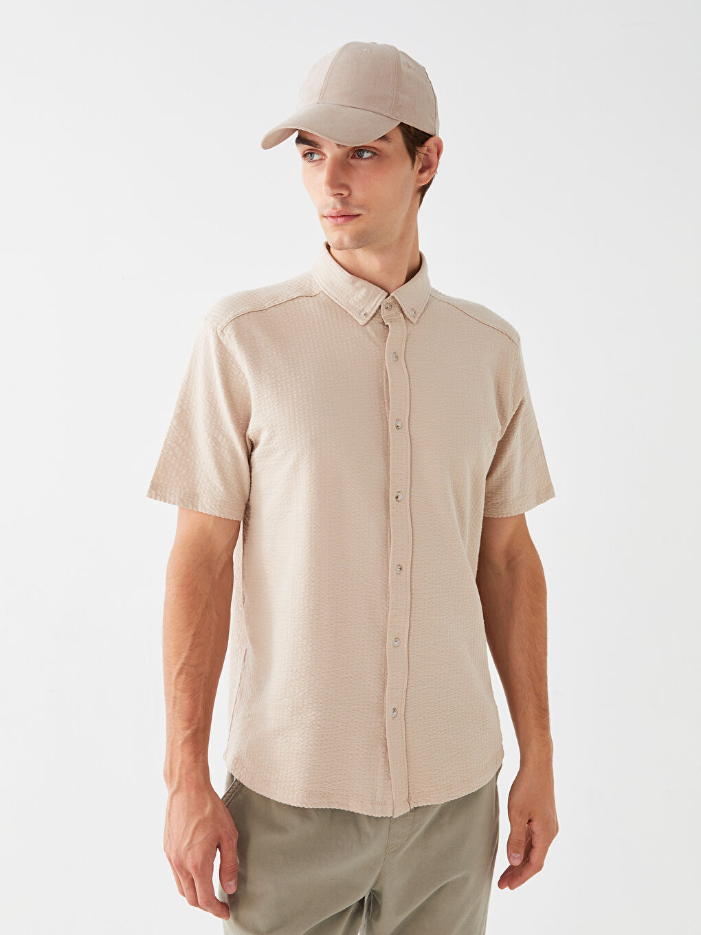 Bej Regular Fit Kısa Kollu Çizgili Erkek Gömlek