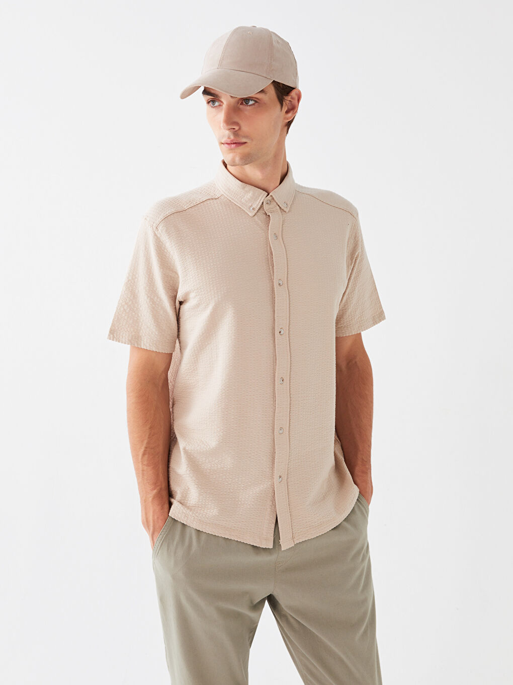 Bej Regular Fit Kısa Kollu Çizgili Erkek Gömlek-1