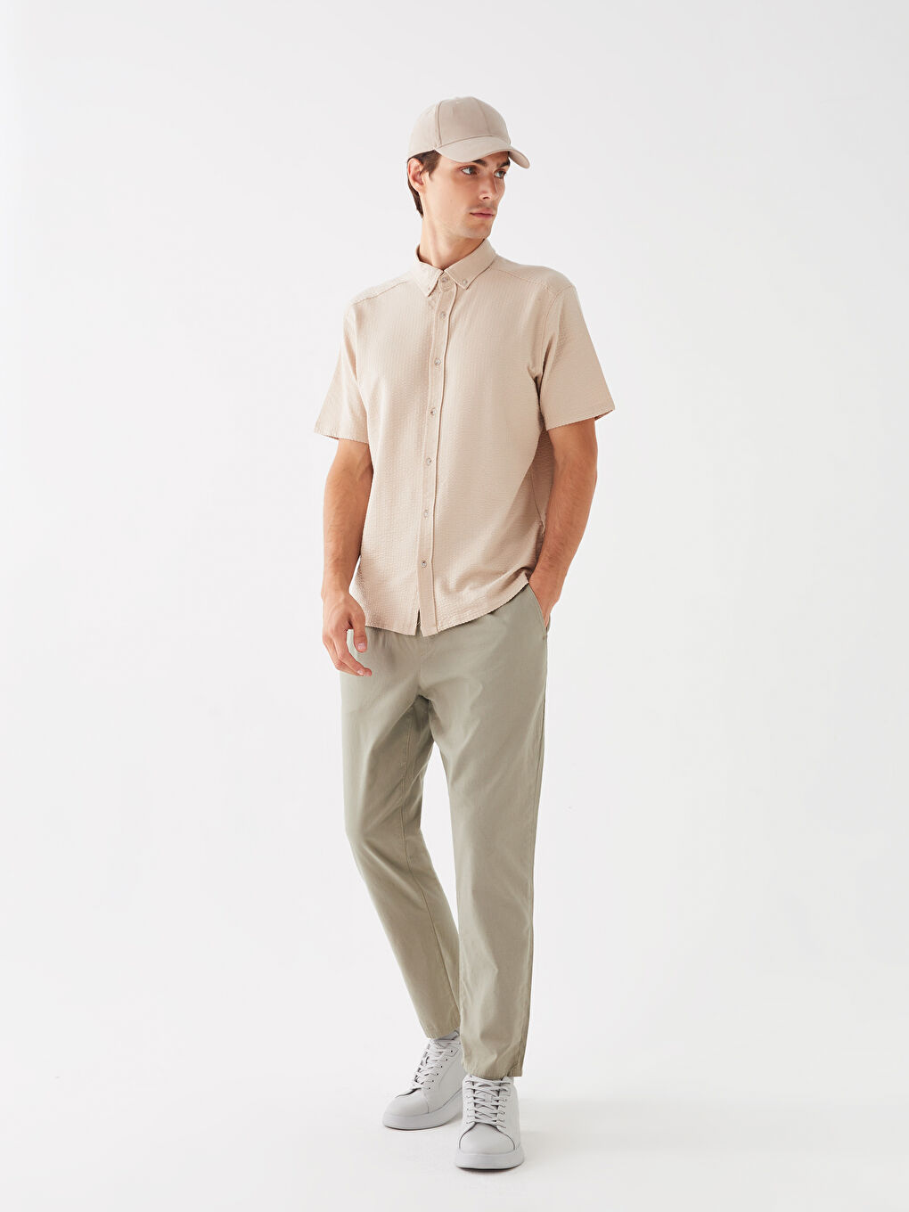 Bej Regular Fit Kısa Kollu Çizgili Erkek Gömlek-2