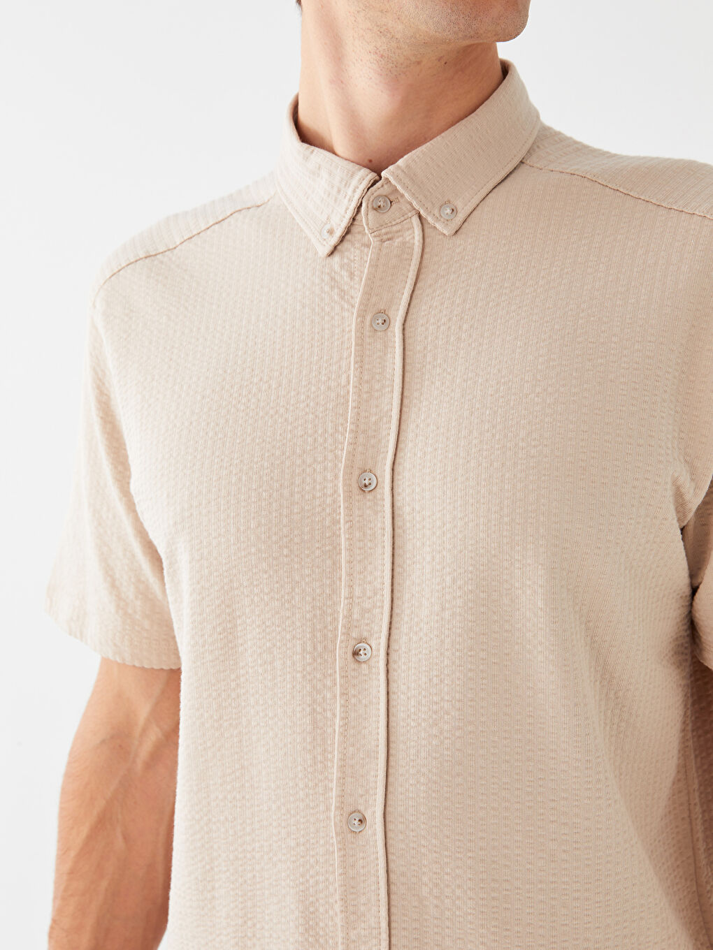 Bej Regular Fit Kısa Kollu Çizgili Erkek Gömlek-3