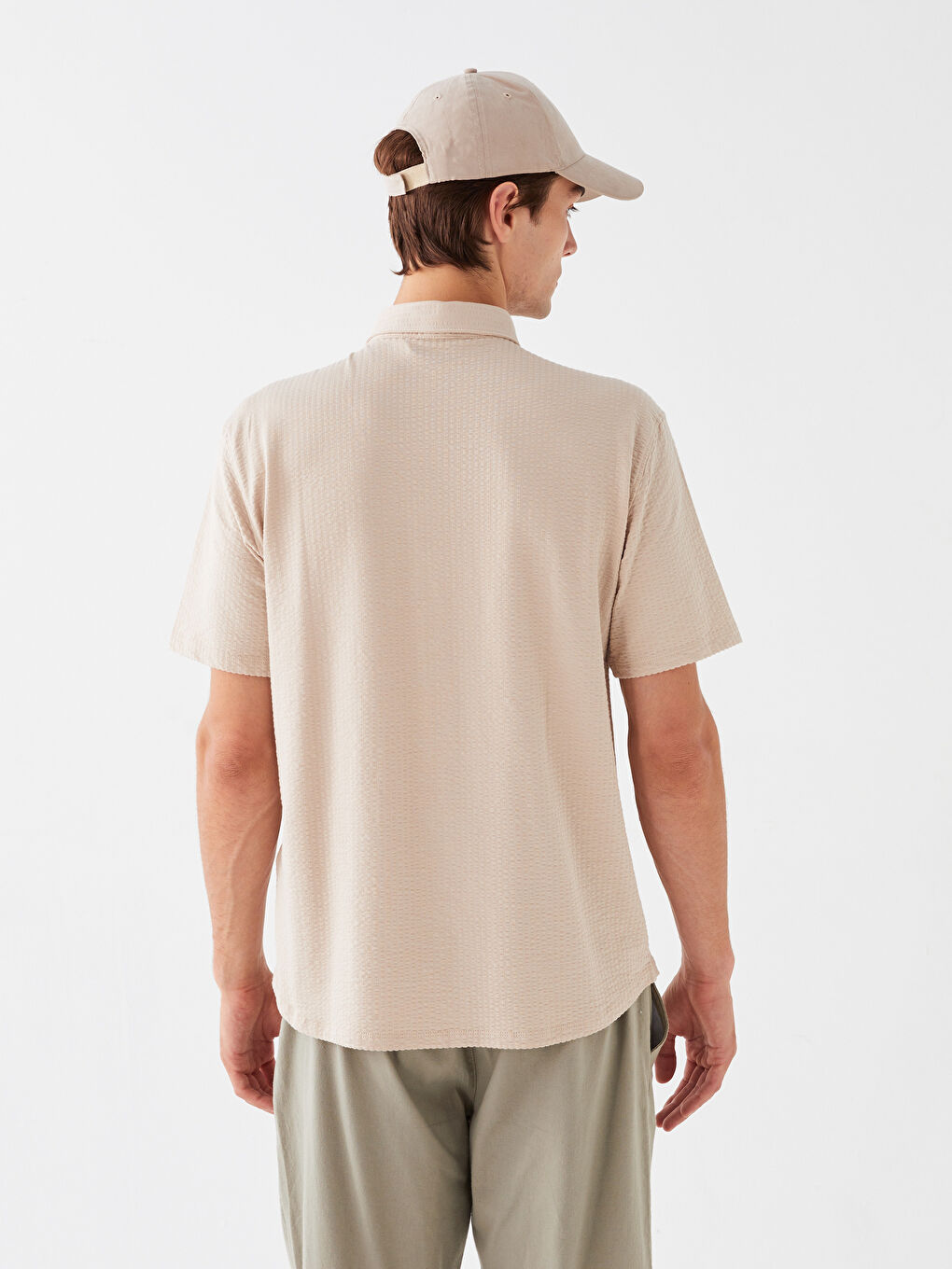 Bej Regular Fit Kısa Kollu Çizgili Erkek Gömlek-4