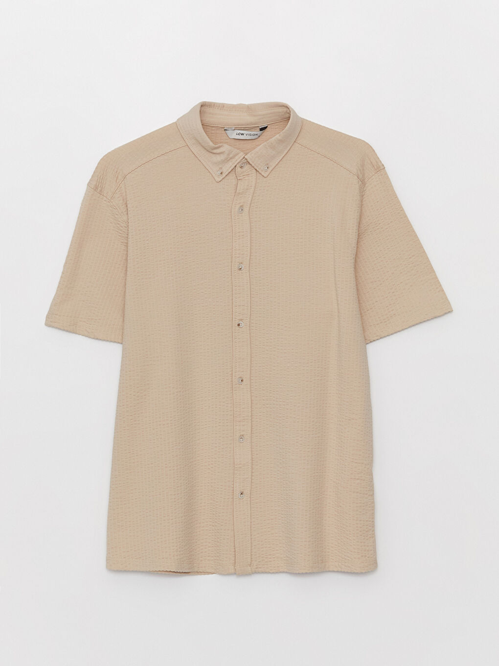 Bej Regular Fit Kısa Kollu Çizgili Erkek Gömlek-5