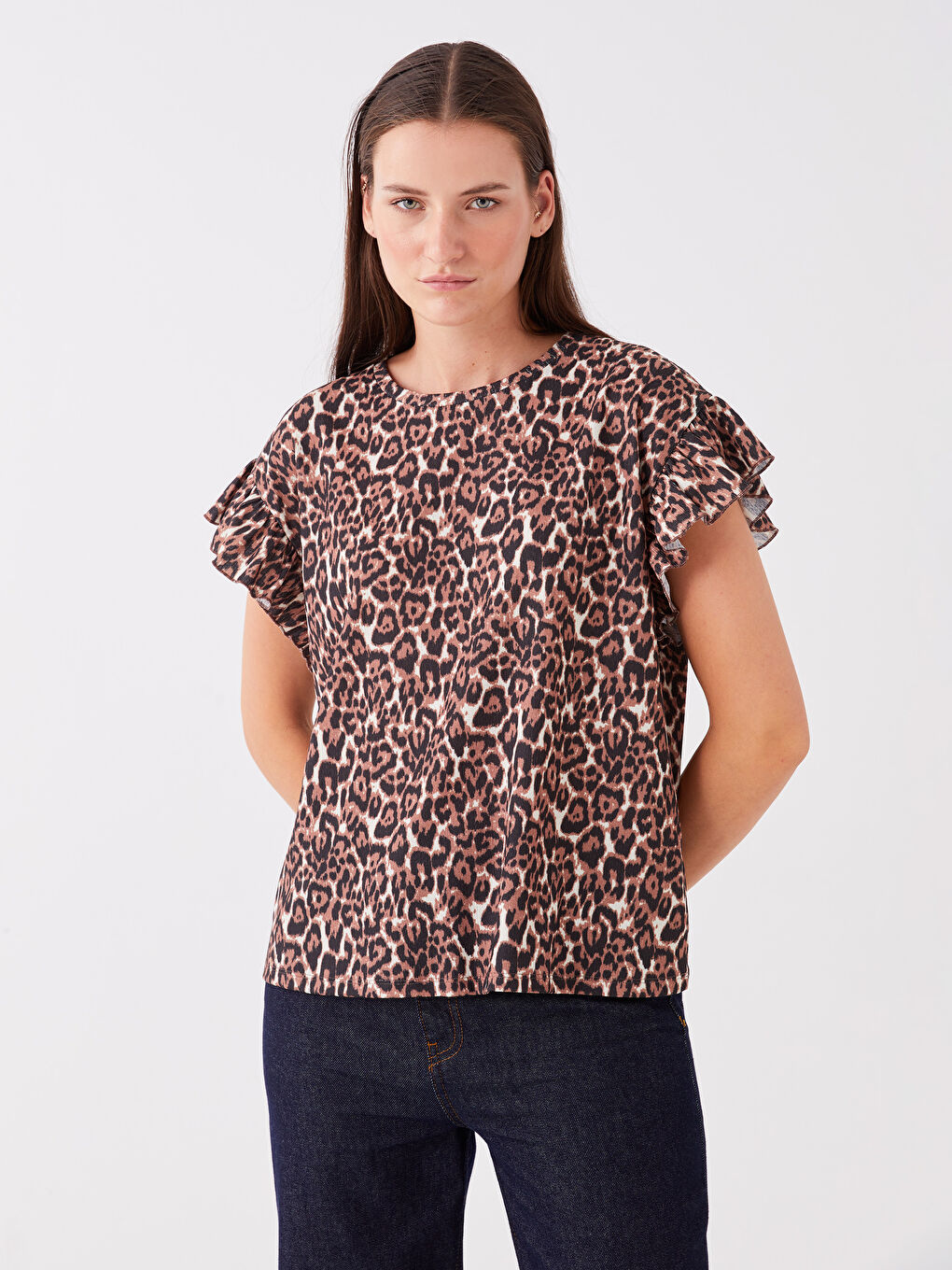 Bej Bisiklet Yaka Desenli Kısa Kollu Kadın Bluz-1