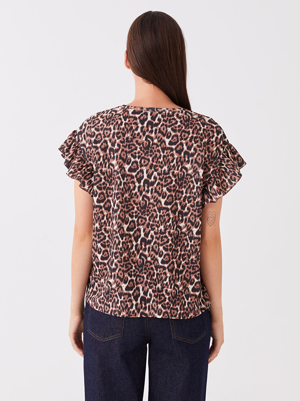 Bej Bisiklet Yaka Desenli Kısa Kollu Kadın Bluz-4