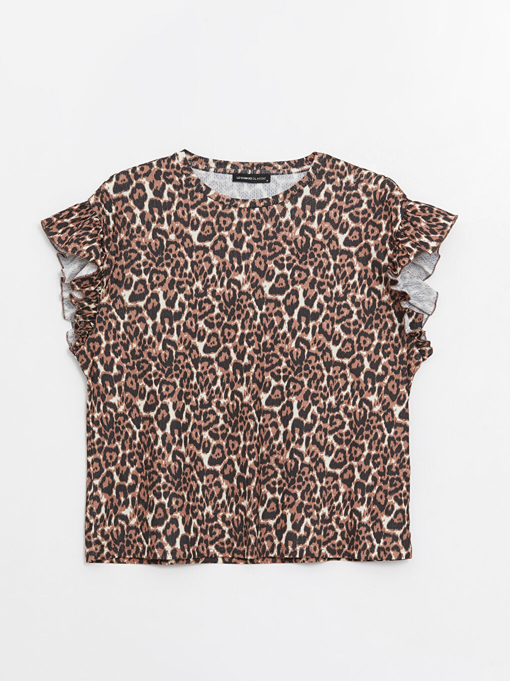 Bej Bisiklet Yaka Desenli Kısa Kollu Kadın Bluz-5