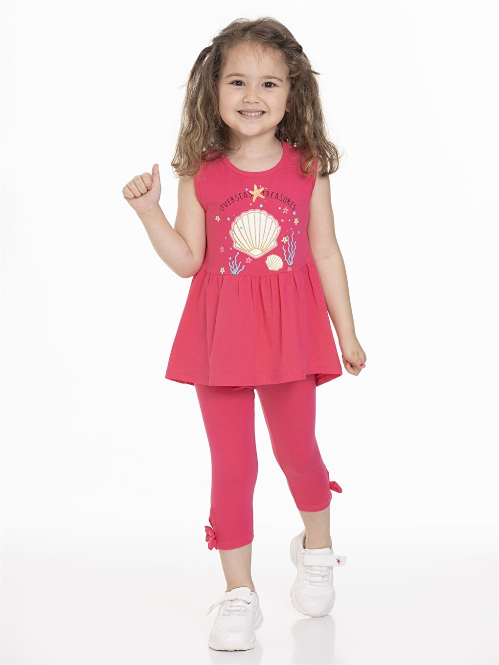 Fuşya Bisiklet Yaka Baskılı Kız Bebek Tişört ve Tayt 2'li Takım