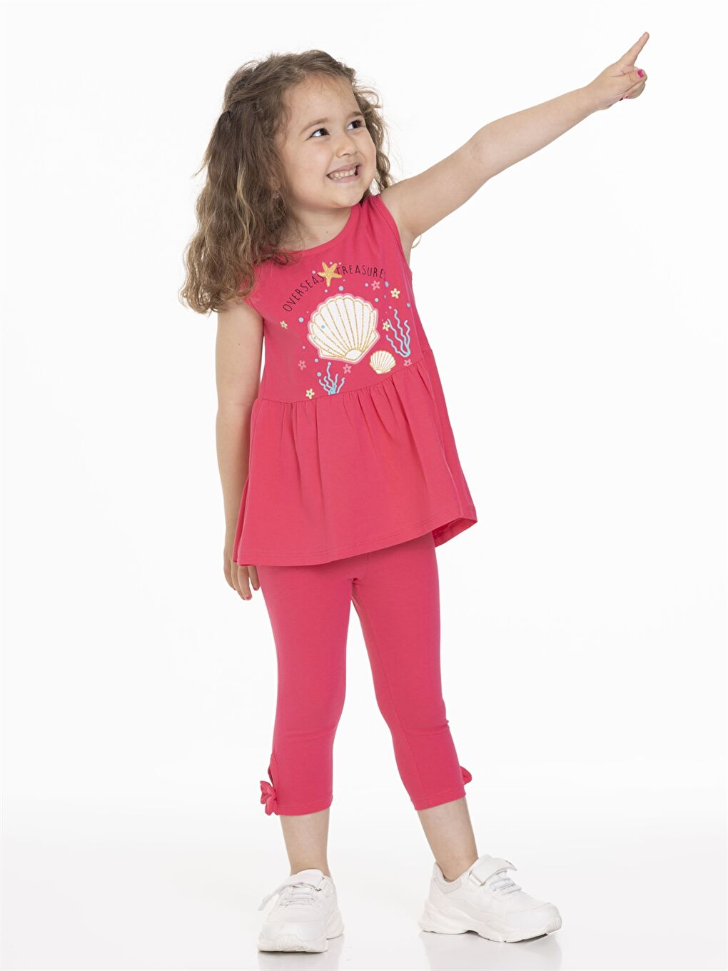 Fuşya Bisiklet Yaka Baskılı Kız Bebek Tişört ve Tayt 2'li Takım-1