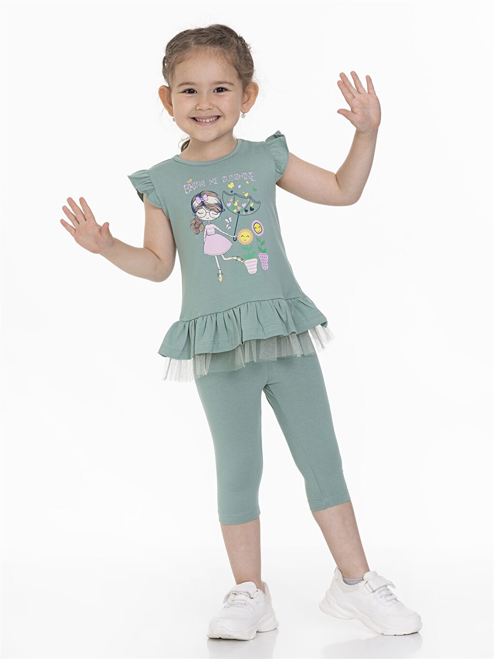 Yeşil Bisiklet Yaka Baskılı Kız Bebek Tişört ve Tayt 2'li Takım