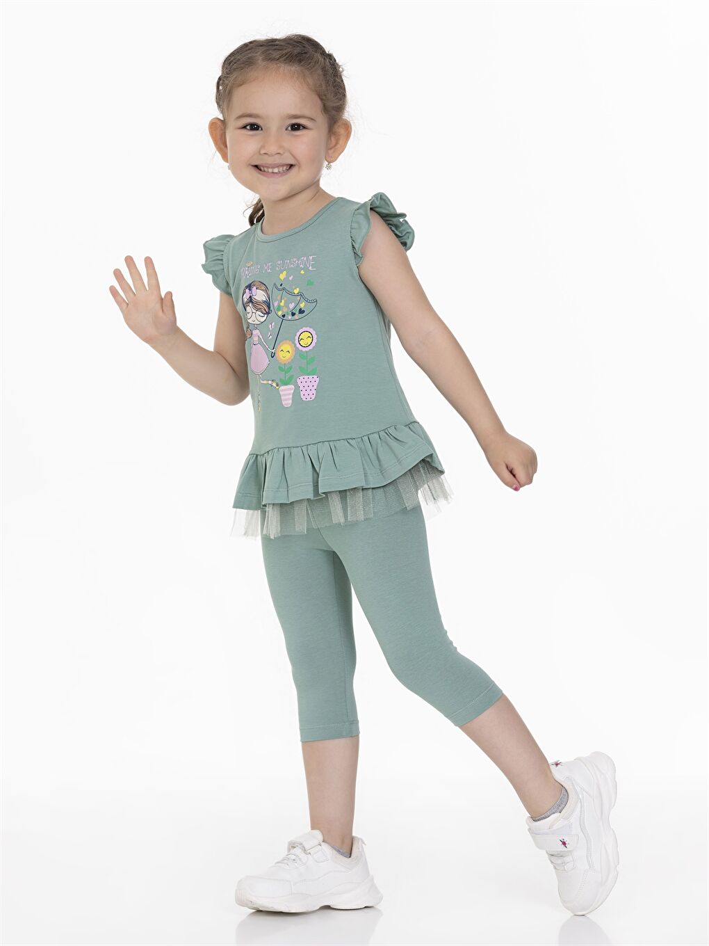 Yeşil Bisiklet Yaka Baskılı Kız Bebek Tişört ve Tayt 2'li Takım-1