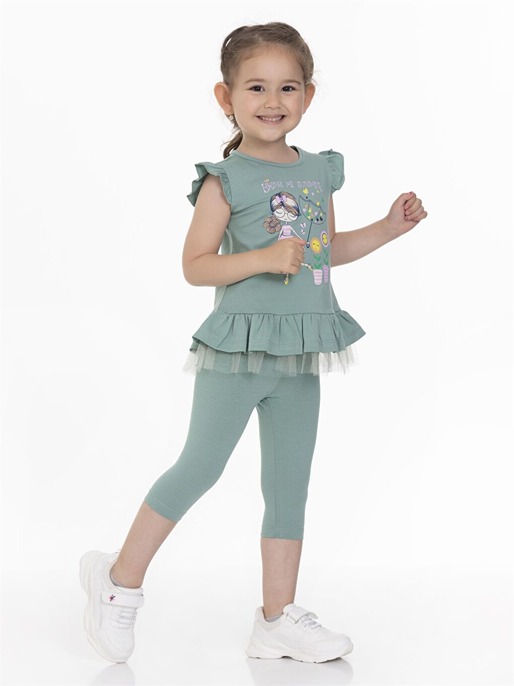 Yeşil Bisiklet Yaka Baskılı Kız Bebek Tişört ve Tayt 2'li Takım-2