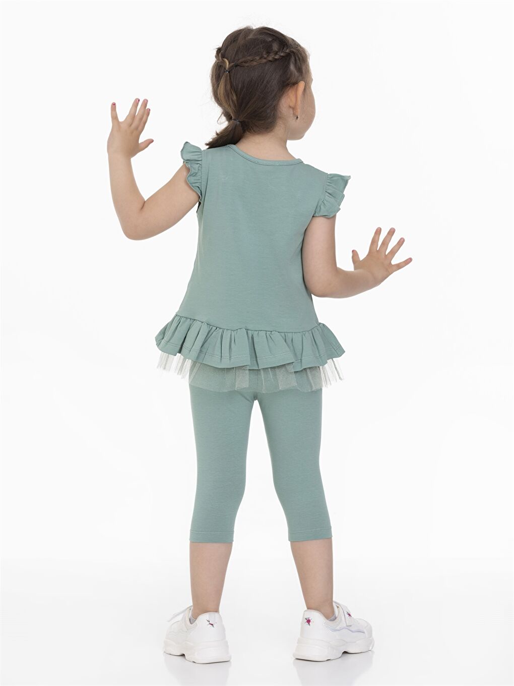 Yeşil Bisiklet Yaka Baskılı Kız Bebek Tişört ve Tayt 2'li Takım-3