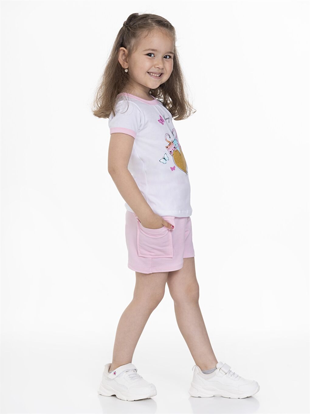 Pembe Bisiklet Yaka Kız Bebek Tişört ve Şort 2'li Takım-1