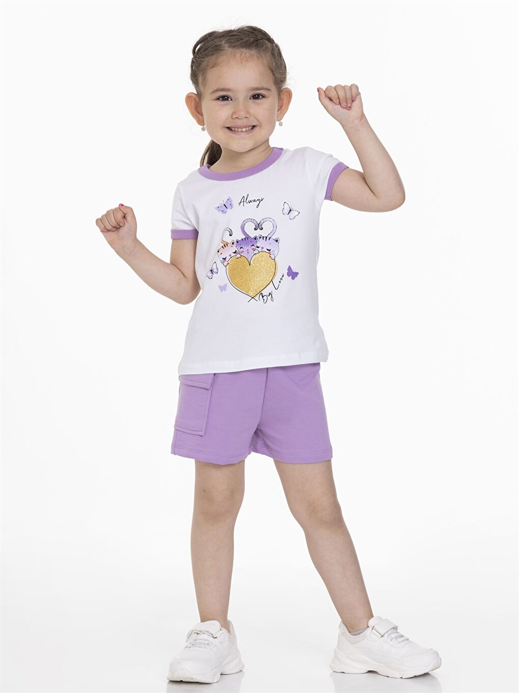 Lila Bisiklet Yaka Kız Bebek Tişört ve Şort 2'li Takım