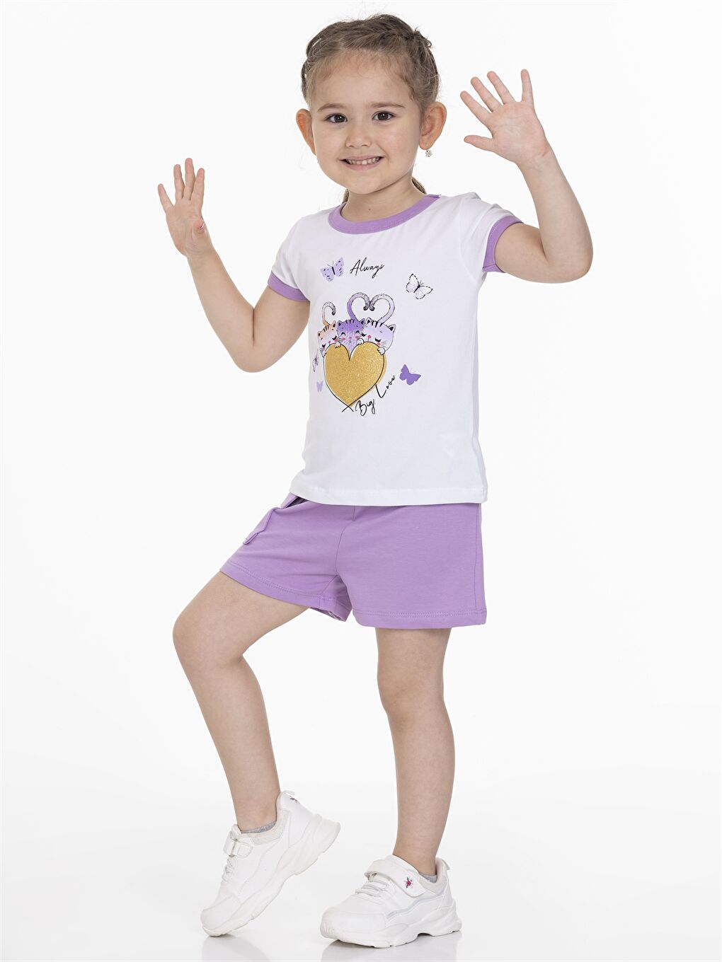 Lila Bisiklet Yaka Kız Bebek Tişört ve Şort 2'li Takım-1