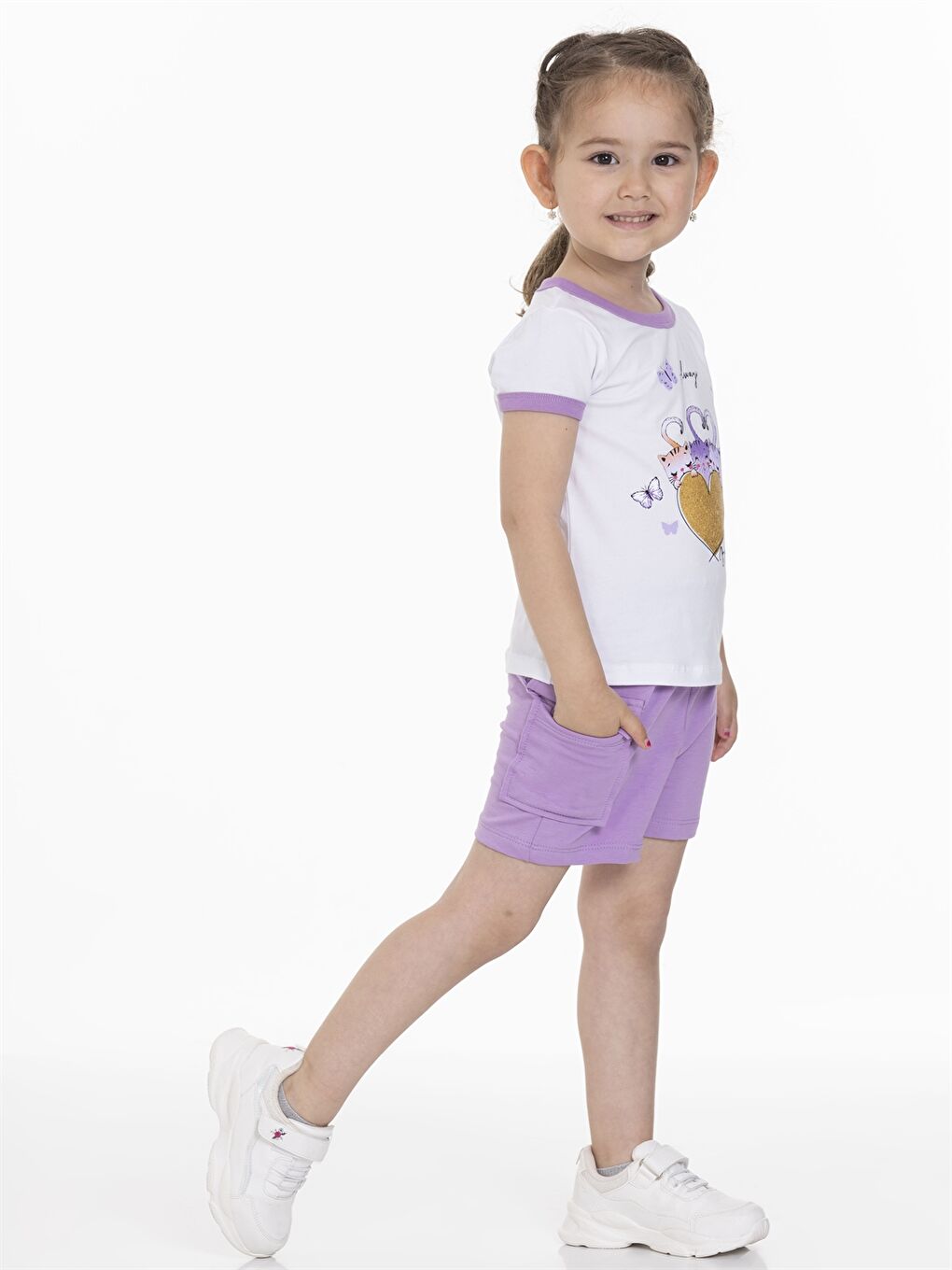 Lila Bisiklet Yaka Kız Bebek Tişört ve Şort 2'li Takım-2