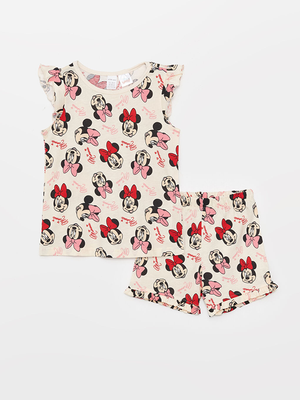 Ekru Bisiklet Yaka Minnie Mouse Baskılı Kız Bebek Şortlu Pijama Takımı