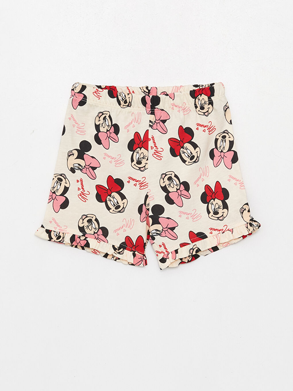 Ekru Bisiklet Yaka Minnie Mouse Baskılı Kız Bebek Şortlu Pijama Takımı-3