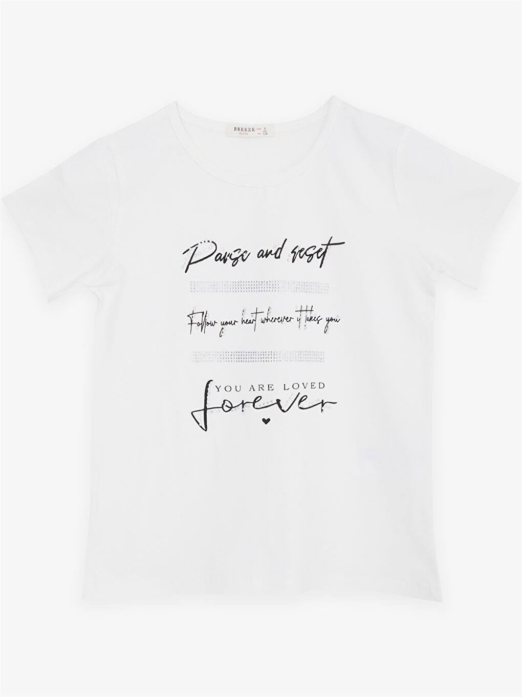 Ekru Bisiklet Yaka Kısa Kollu Baskılı Kız Çocuk Tişört