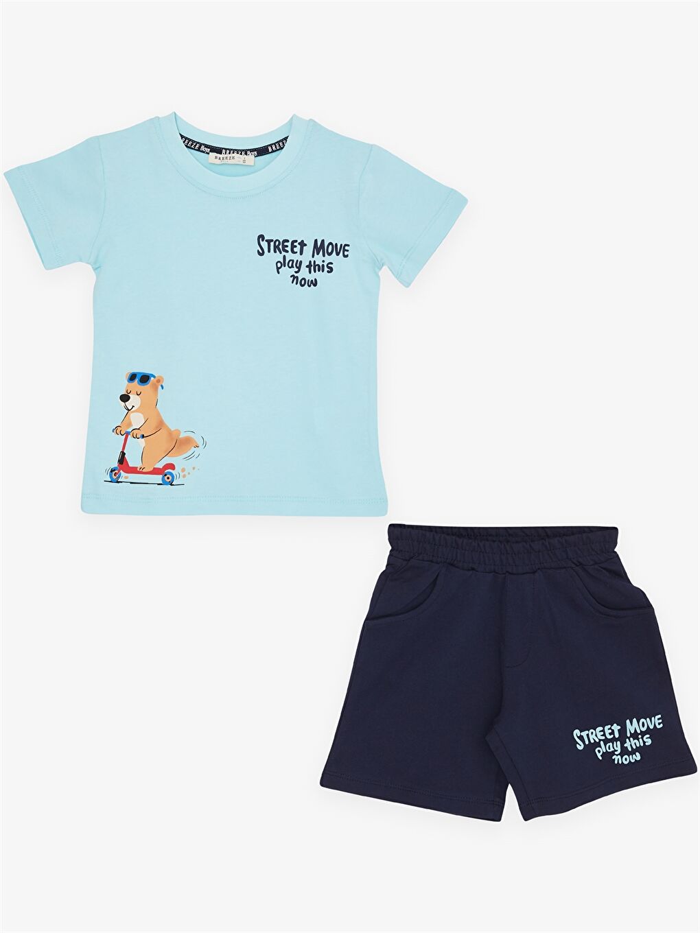 Mavi Bisiklet Yaka Kısa Kollu Baskılı Erkek Bebek Tişört ve Şort 2'li Takım