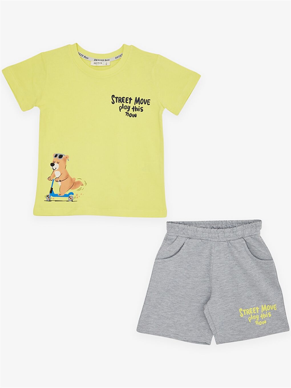 Yeşil Bisiklet Yaka Kısa Kollu Baskılı Erkek Bebek Tişört ve Şort 2'li Takım