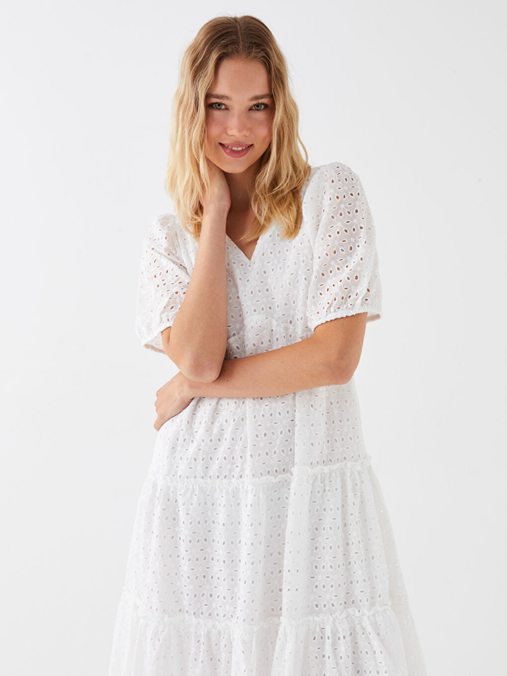 Ekru V Yaka Kadın Elbise-2