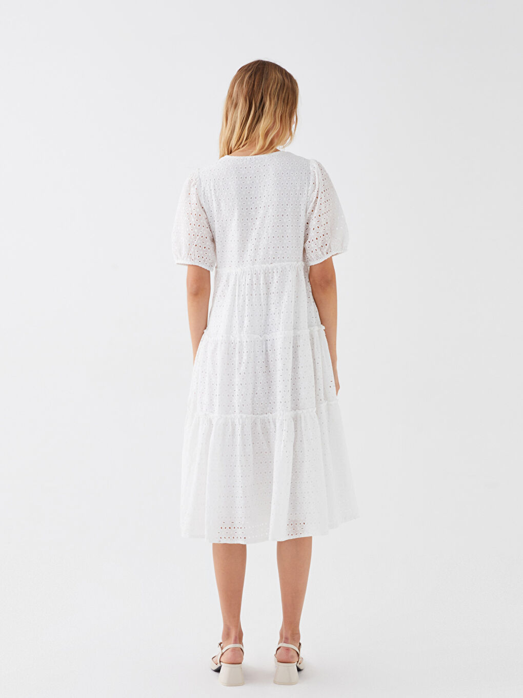 Ekru V Yaka Kadın Elbise-4