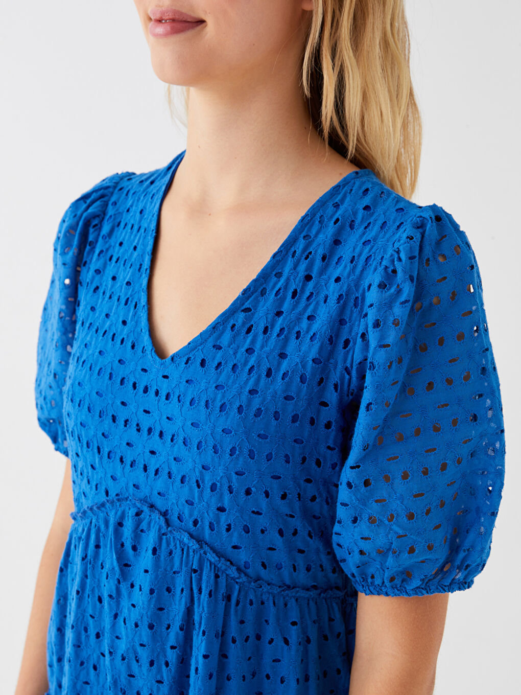 Mavi V Yaka Kadın Elbise-3