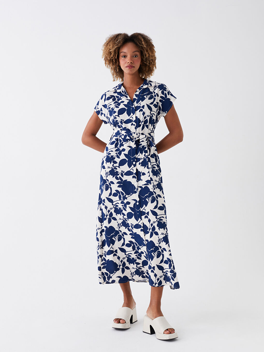 Lacivert Gömlek Yaka Desenli Kısa Kollu Kadın Elbise