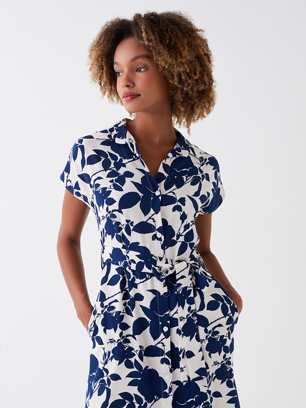 Lacivert Gömlek Yaka Desenli Kısa Kollu Kadın Elbise-2