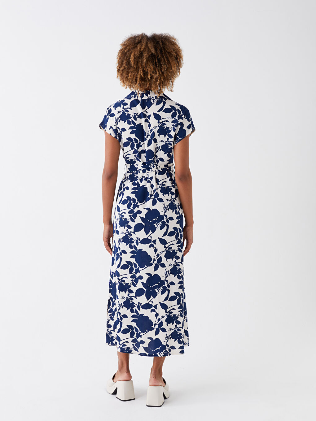 Lacivert Gömlek Yaka Desenli Kısa Kollu Kadın Elbise-4