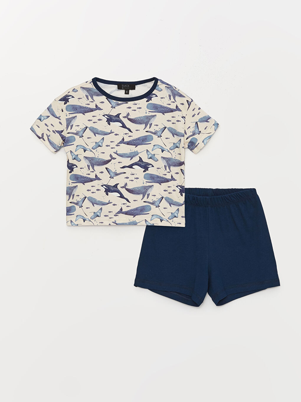 Lacivert Bisiklet Yaka Kısa Kollu Baskılı Erkek Bebek Tişört ve Şort 2'li Takım