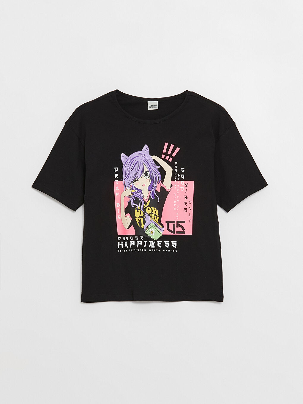 Siyah Bisiklet Yaka Baskılı Kısa Kollu Kız Çocuk Tişört