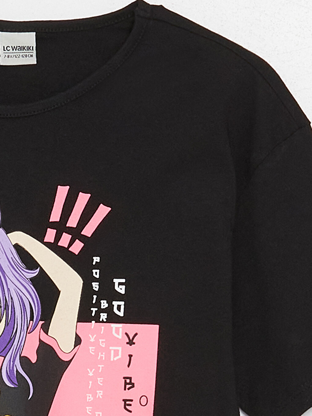 Siyah Bisiklet Yaka Baskılı Kısa Kollu Kız Çocuk Tişört-1