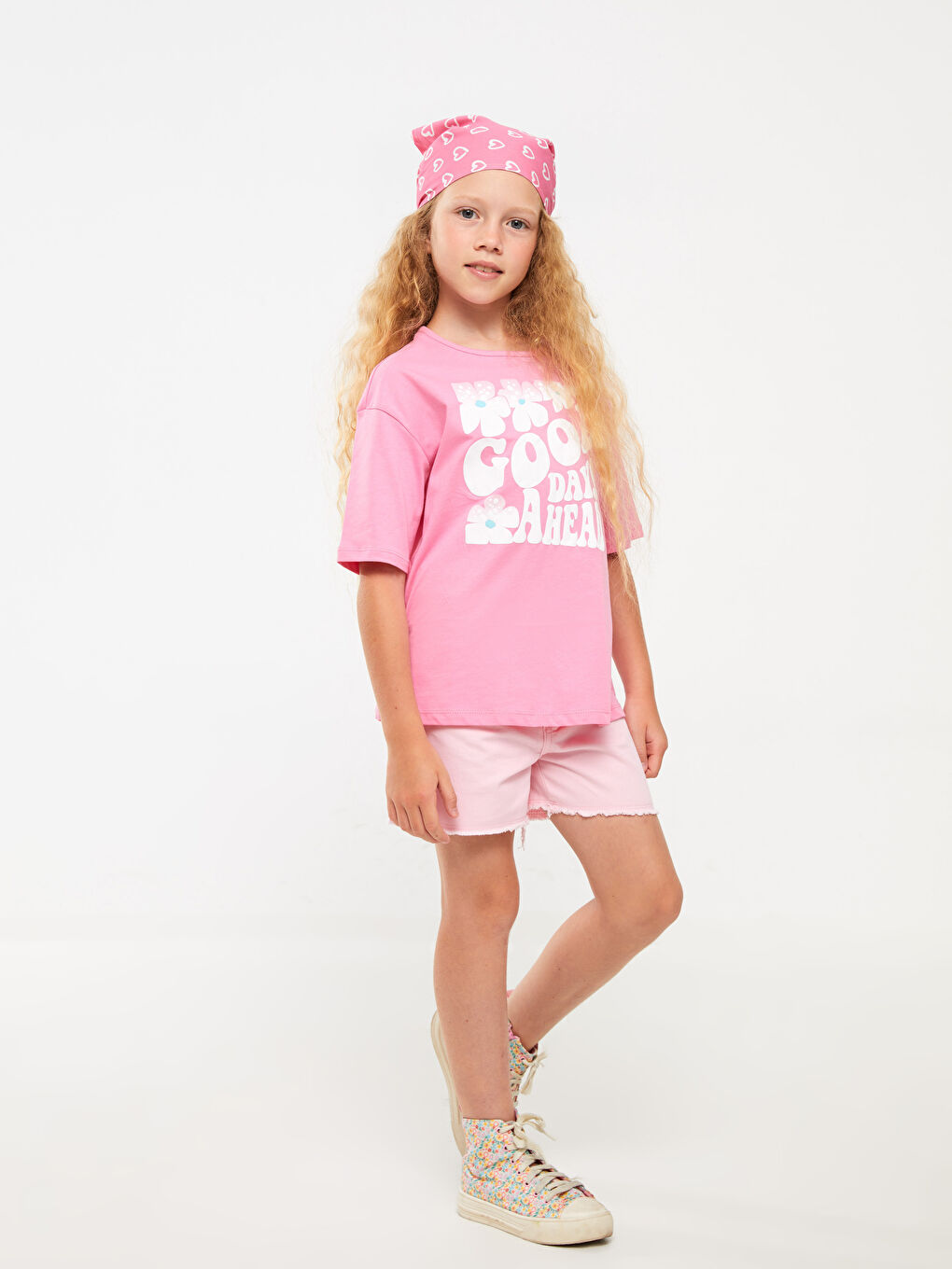 Pembe Bisiklet Yaka Baskılı Kısa Kollu Kız Çocuk Tişört-1