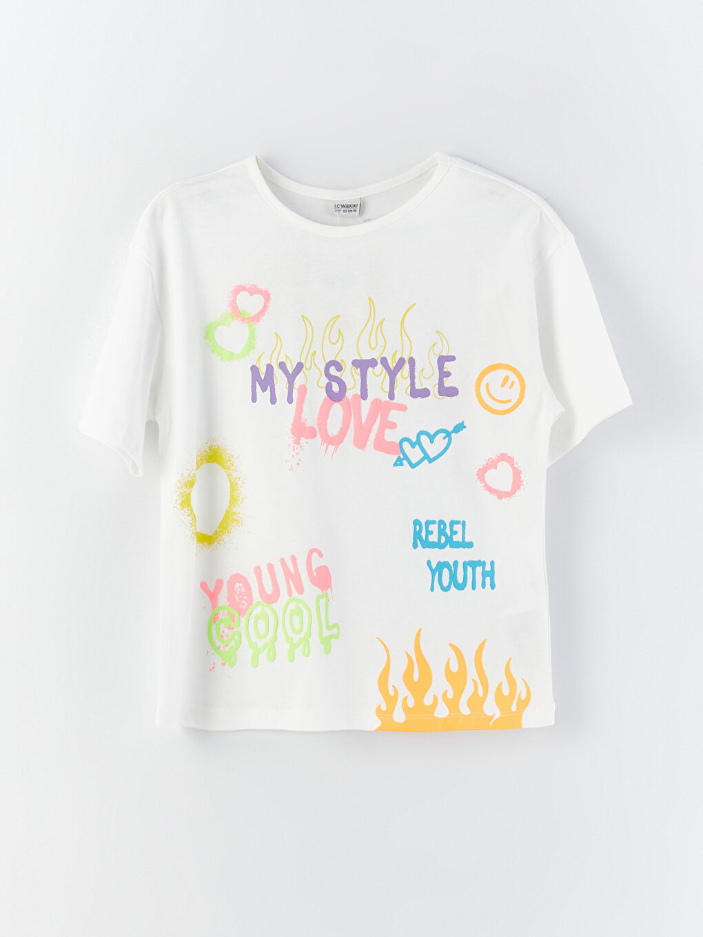 Beyaz Bisiklet Yaka Baskılı Kısa Kollu Kız Çocuk Tişört