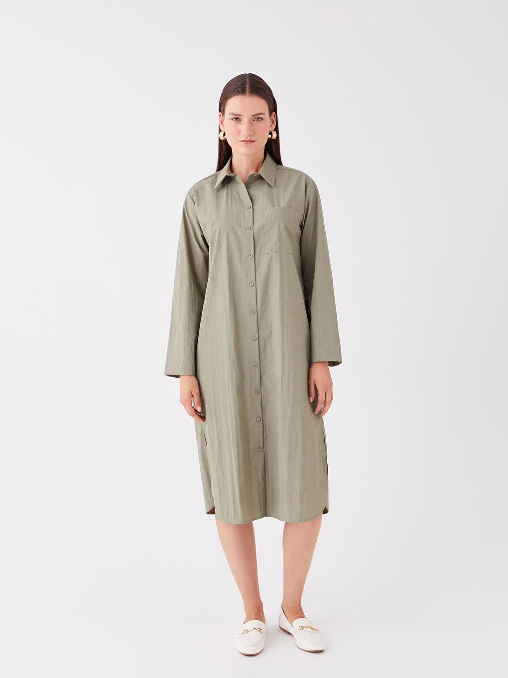 Yeşil Düz Uzun Kollu Kadın Gömlek Elbise