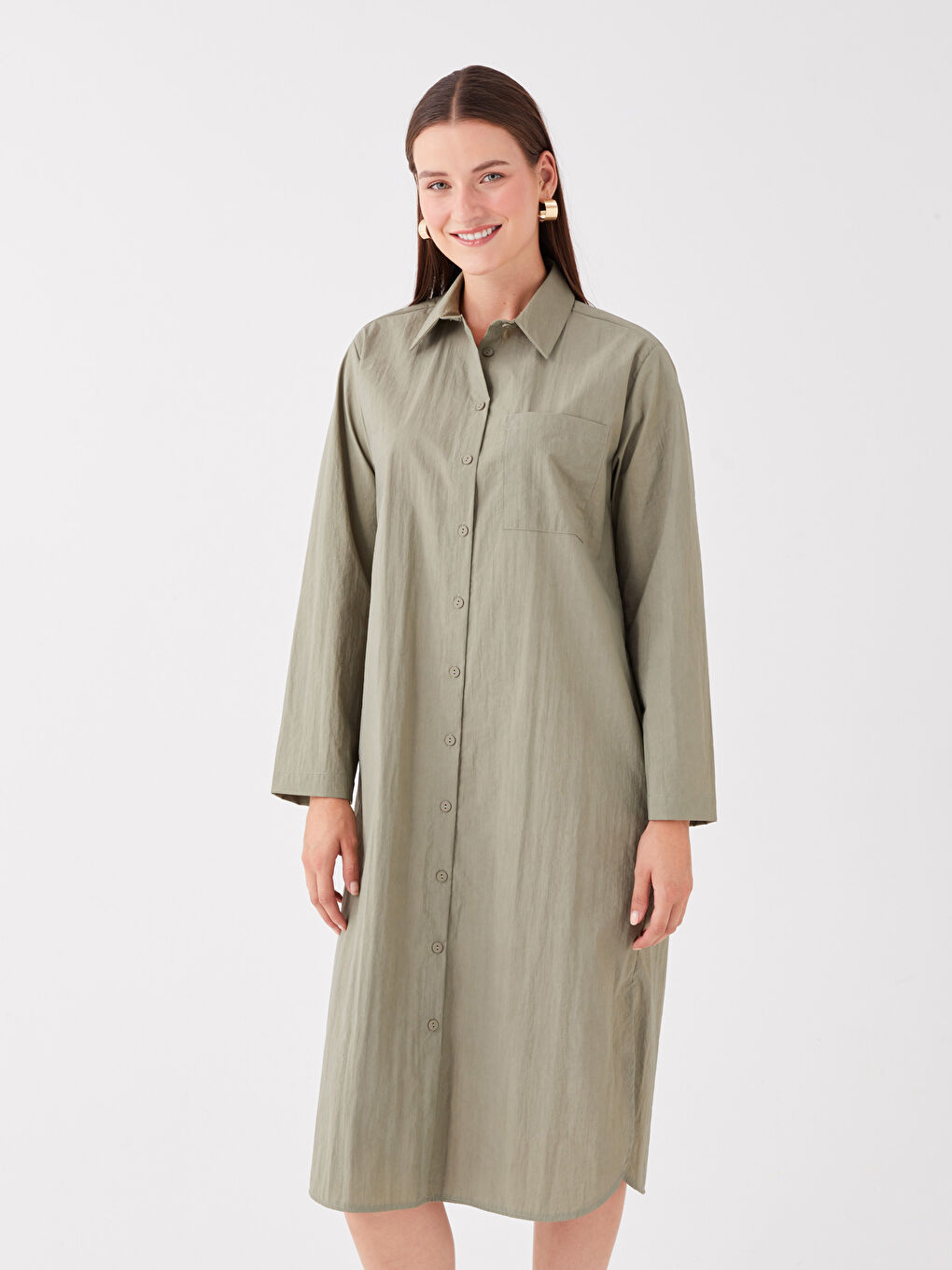 Yeşil Düz Uzun Kollu Kadın Gömlek Elbise-1