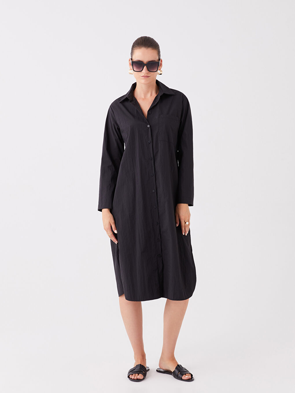 Siyah Düz Uzun Kollu Kadın Gömlek Elbise