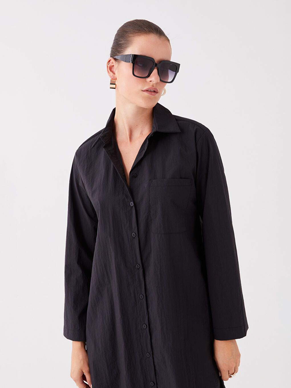 Siyah Düz Uzun Kollu Kadın Gömlek Elbise-1