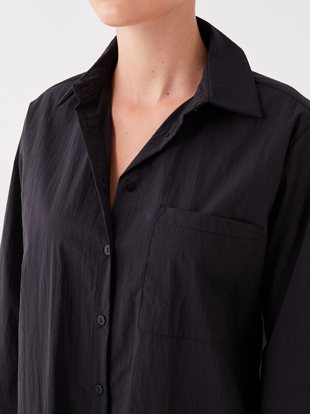 Siyah Düz Uzun Kollu Kadın Gömlek Elbise-2