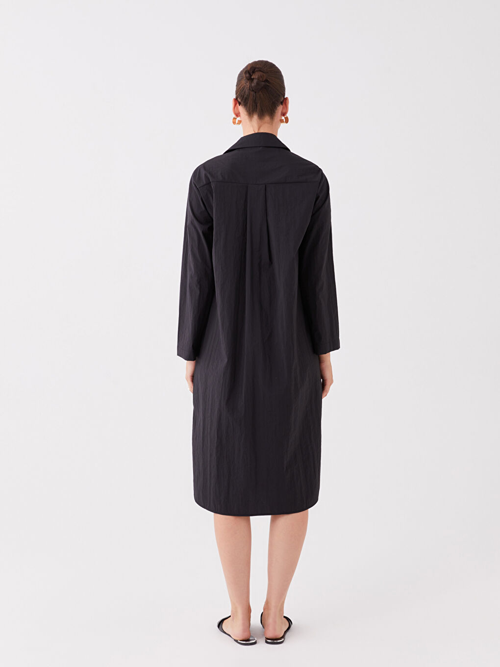 Siyah Düz Uzun Kollu Kadın Gömlek Elbise-3