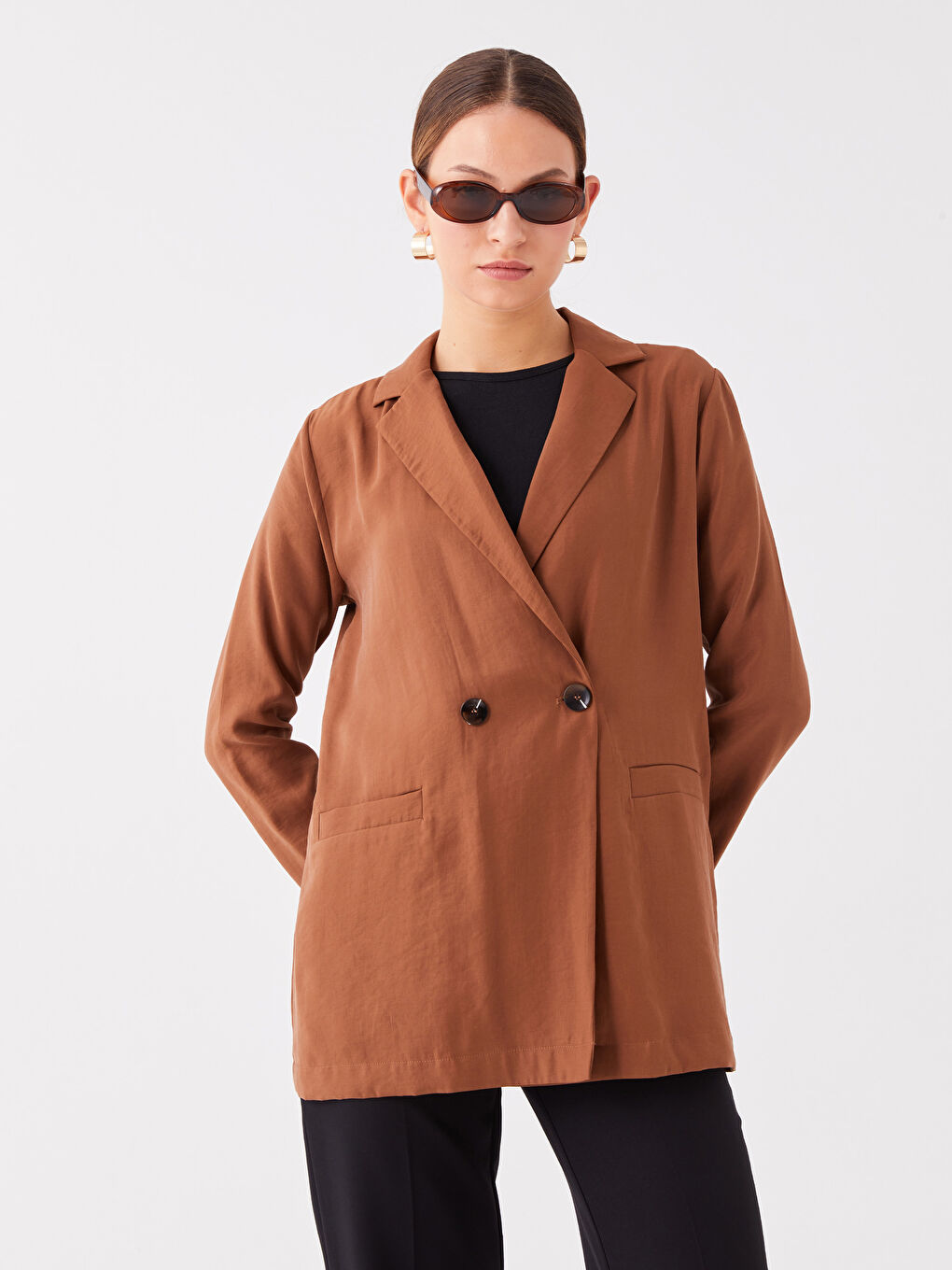Kahverengi Düz Uzun Kollu Kadın Ceket-1