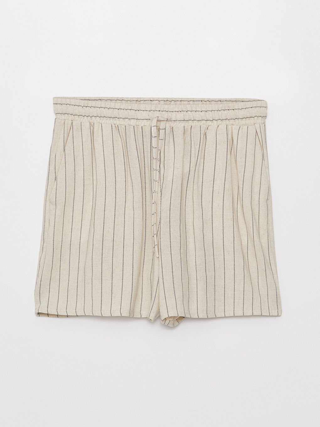 Bej Loose Fit Çizgili Keten Karışımlı Kadın Şort-4
