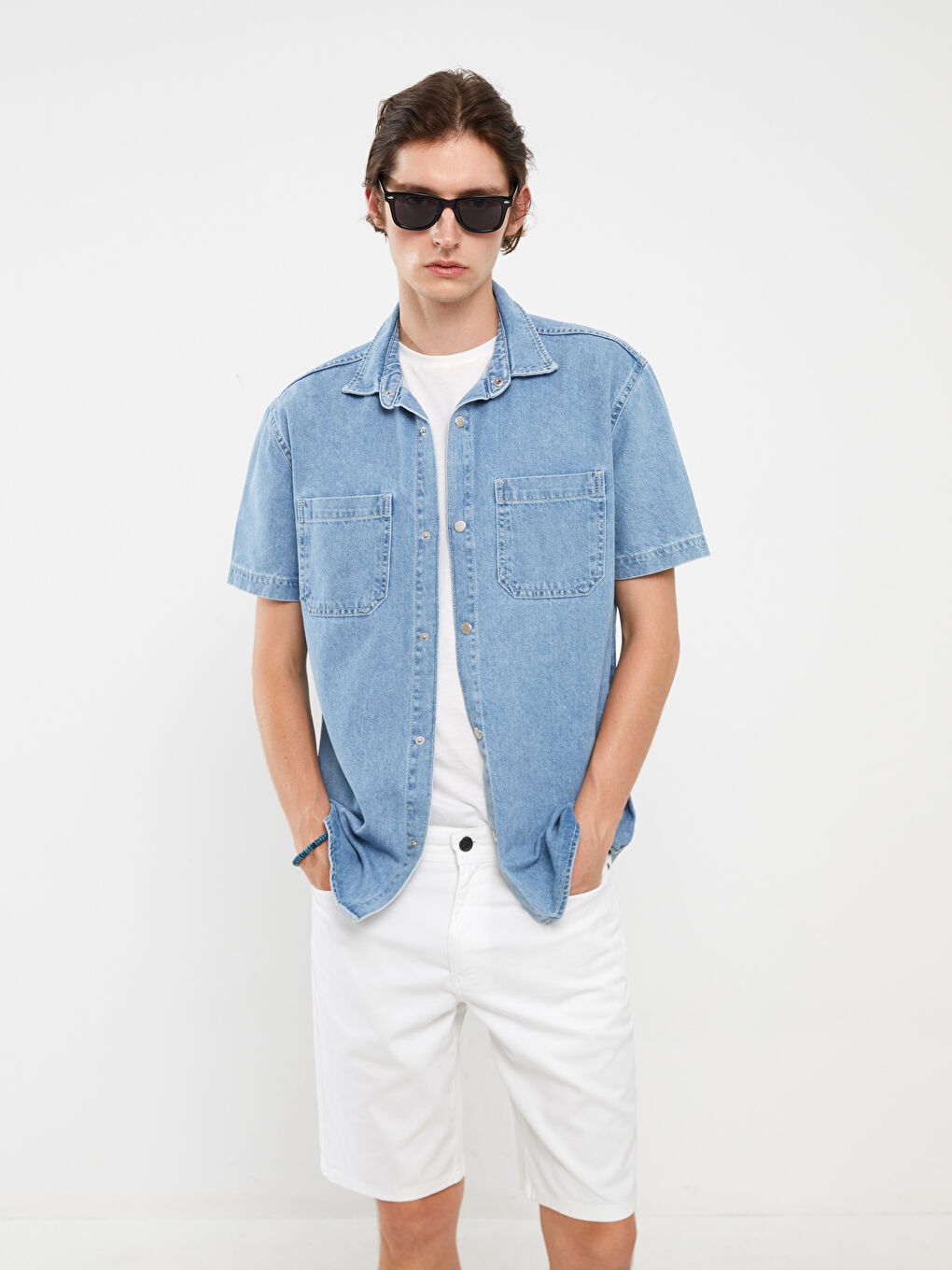 İndigo Rahat Kalıp Kısa Kollu Erkek Jean Gömlek