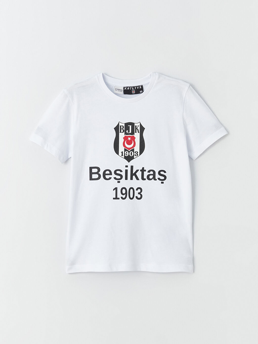 Beyaz Bisiklet Yaka Beşiktaş Baskılı Kısa Kollu Erkek Çocuk Tişört