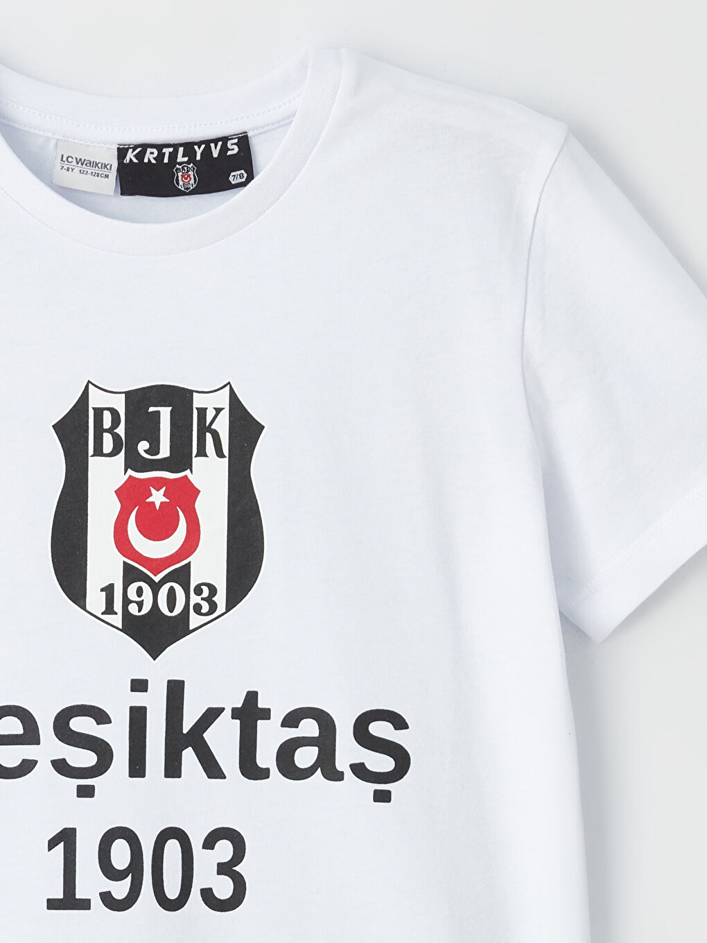 Beyaz Bisiklet Yaka Beşiktaş Baskılı Kısa Kollu Erkek Çocuk Tişört-1