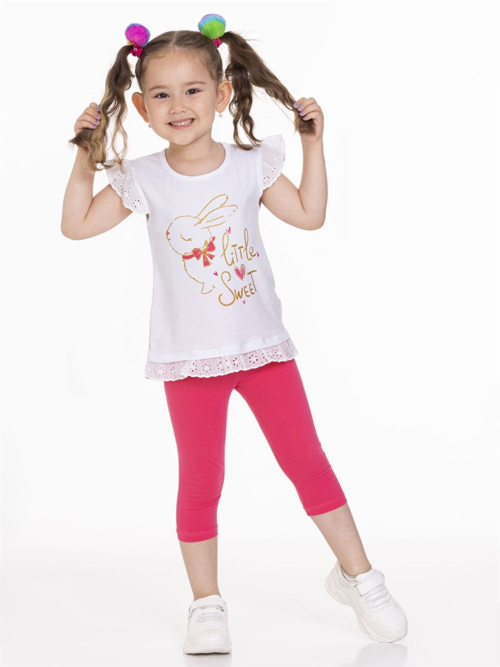 Fuşya Bisiklet Yaka Kısa Kollu Baskılı Kız Bebek Tişört ve Tayt 2'li Takım