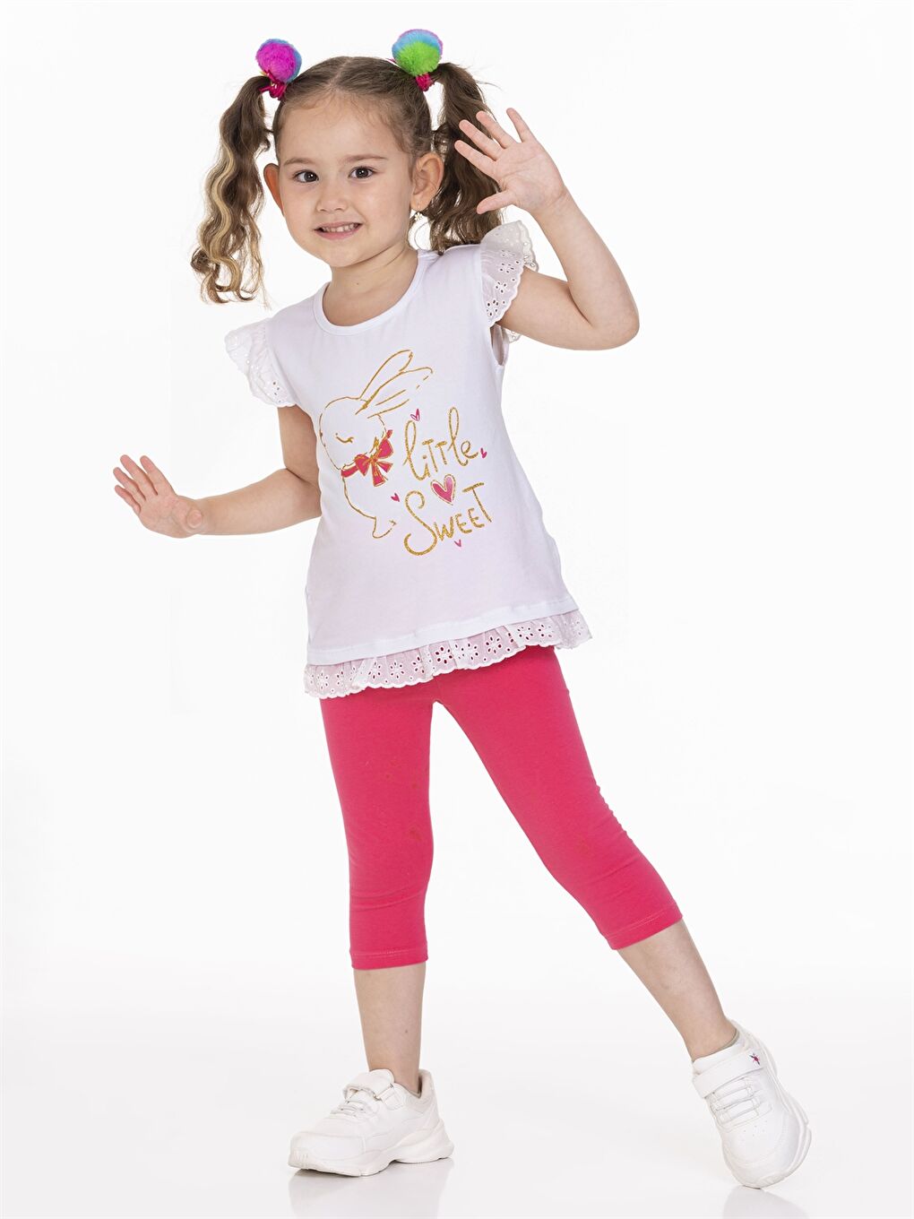 Fuşya Bisiklet Yaka Kısa Kollu Baskılı Kız Bebek Tişört ve Tayt 2'li Takım-1
